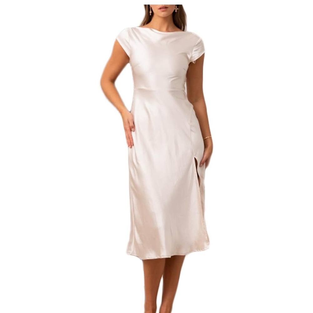 Women's Satin Elegance Backless Twist Cap Sleeves Midi Dress